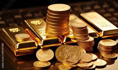 A pile of gold coins sitting next to a stack of silver coins