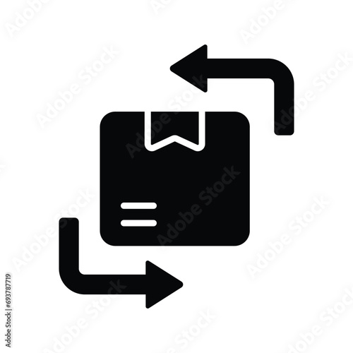 an icon with dispatched package and opposite direction arrows showing concept icon of reorder