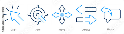A set of 5 arrows icons as click, aim, move