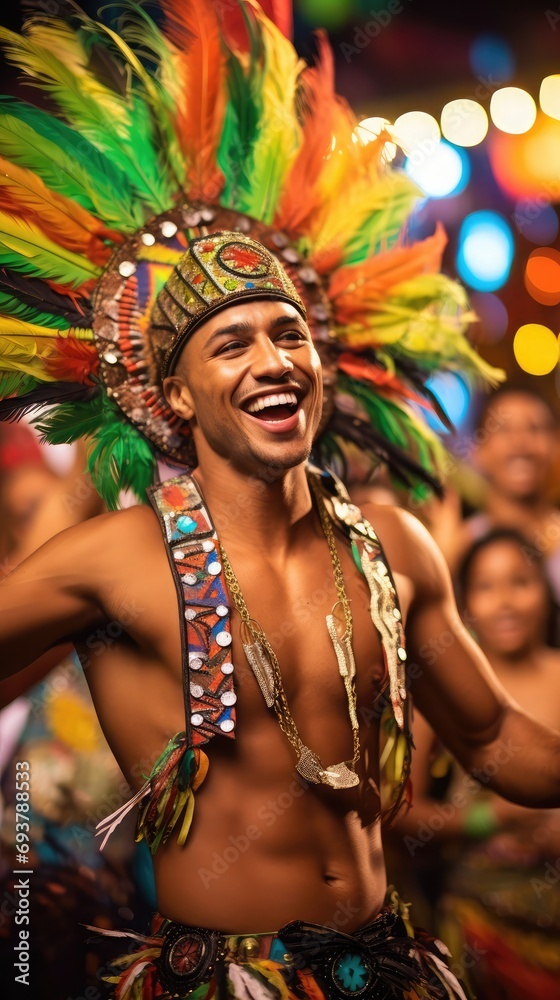 A charismatic Brazilian male dancer grooving at a vibrant carnival, sizzling energy, cultural celebration, dynamic dance moves, festive atmosphere, lively colors, Brazilian spirit, rhythmic vibe