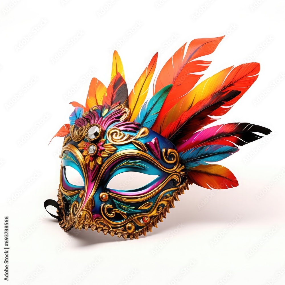 A colorful mask adorned with feathers and intricate designs, worn during festive celebrations or masquerade parties, sweeping panorama, origami style, 64K, hyper quality