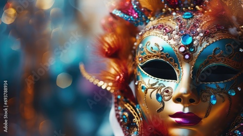 A unique colorful carnival mask, photo blurry, natural light 