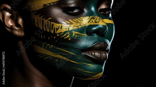 A woman's face painted with colors of african flags, in the style of photorealistic landscapes, double exposure, exotic, maranao art, silhouette figures, 19th century, dark white and dark green photo