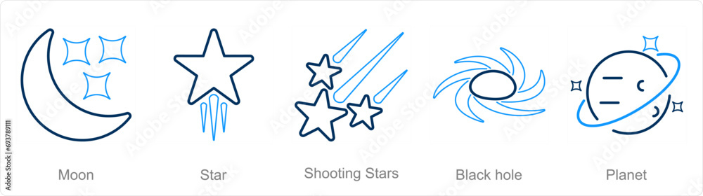Obraz premium A set of 5 Astronomy icons as moon, star, shooting stars