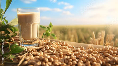 Glass of freshly prepared soy drink on table in field