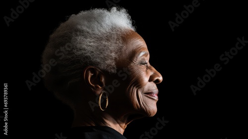 an older african-American woman in profile, bold contrast, visually striking, minimalist, negative space, visual inginuity,