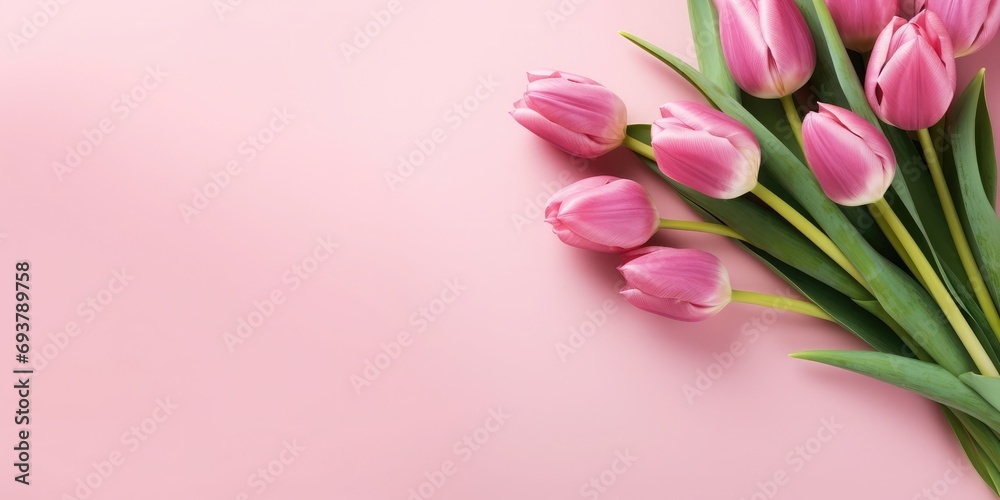 Bouquet of tulips on pink background with copy space for text