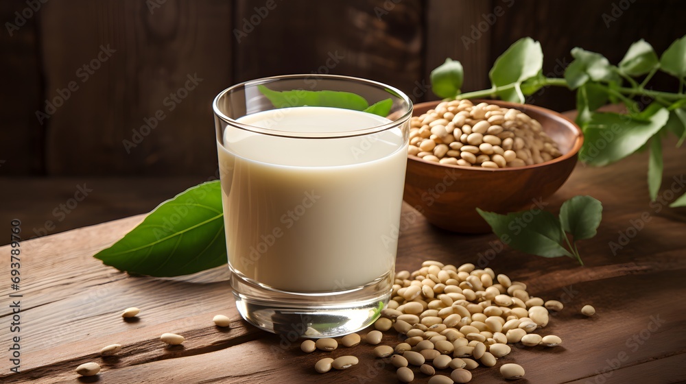 Glass of natural soy drink and seeds on wooden table Glass of natural soy drink and seeds on wooden table