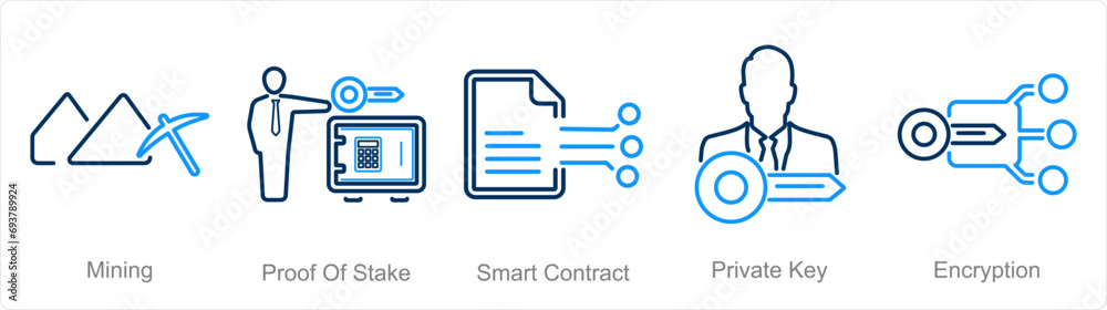 A set of 5 Blockchain icons as mining, proof of stake, smart contract A set of 5 Blockchain icons as mining, proof of stake, smart contract