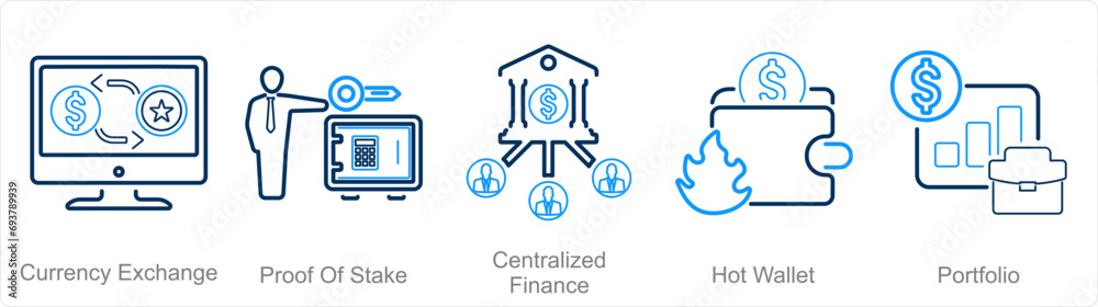 A set of 5 Blockchain icons as currency exchange, proof of stake, centralized finance A set of 5 Blockchain icons as currency exchange, proof of stake, centralized finance