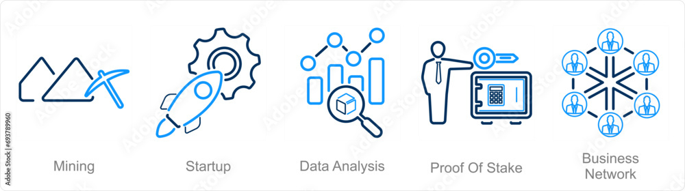 A set of 5 Blockchain icons as mining, startup, data analysis A set of 5 Blockchain icons as mining, startup, data analysis