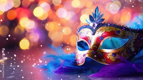 Close up of Carnival mask on colorful blur party background