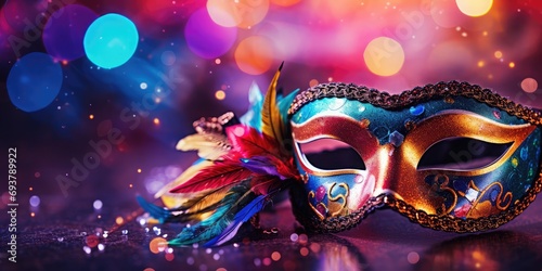 Close up of Carnival mask on colorful blur party background © Thuch
