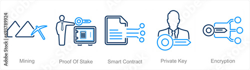 A set of 5 Blockchain icons as mining, proof of stake, smart contract