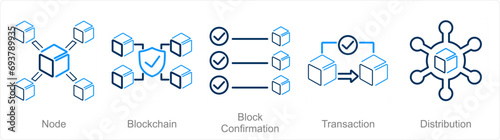 A set of 5 Blockchain icons as node, blockchain, block confirmation photo