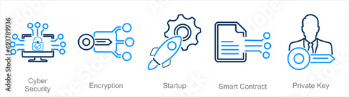 A set of 5 Blockchain icons as cyber security, encryption, startup