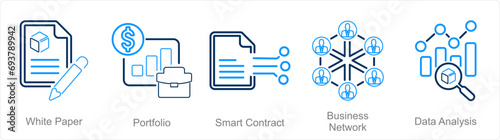 A set of 5 Blockchain icons as white paper, portfolio, smart contract