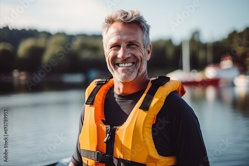 Portrait of happy senior man in life jacket standing on boat and smiling © igolaizola