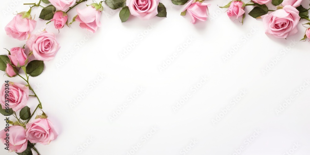 Flat lay Decorative frame with pink bright roses on white background Flat lay Decorative frame with pink bright roses on white background