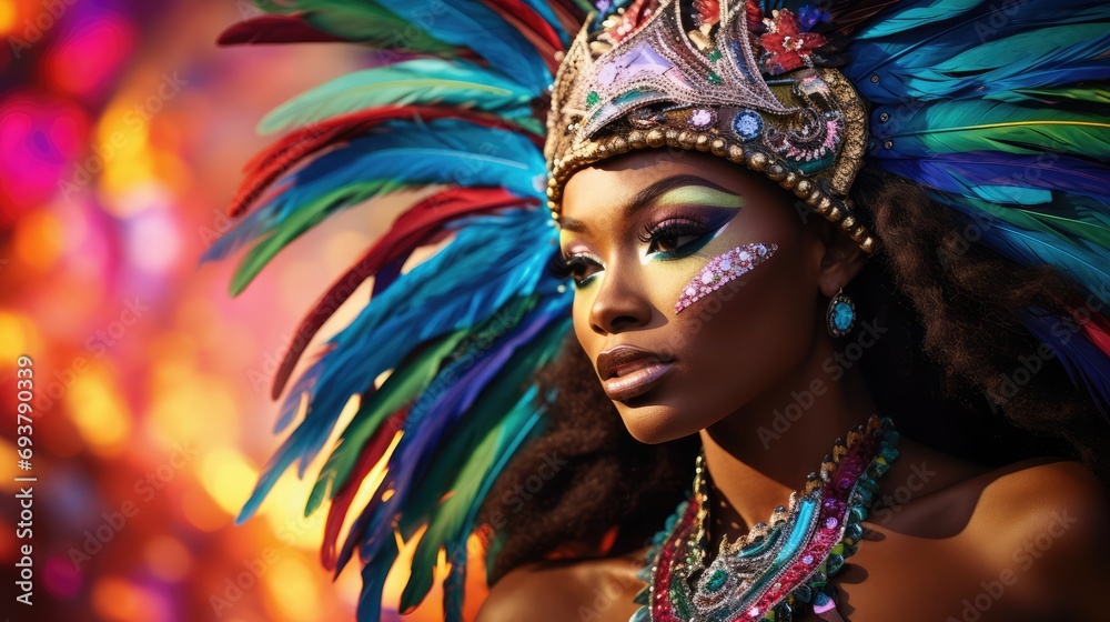 Describe the captivating mid-journey scene of a beautiful, dark-skinned Black woman as she moves gracefully through the vibrant chaos of the Caribbean carnival festival. 