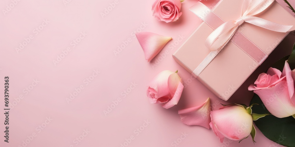 Design concept with pink rose flower and gift box on colored table background