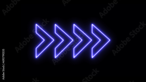 Blue color arrow points to the right. Flashing neon icon to the right arrow. right neon arrow. neon arrow sign.