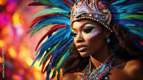 Describe the captivating mid-journey scene of a beautiful, dark-skinned Black woman as she moves gracefully through the vibrant chaos of the Caribbean carnival festival. 