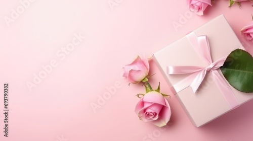 Design concept with pink rose flower and gift box on colored table background © Thuch