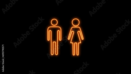 Toilet or bathroom sign. Pointer to the toilet or bathroom. Male and female gender neon sign. Glowing lines on a black background.