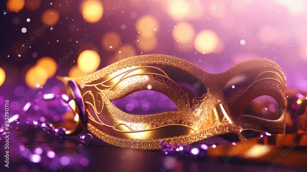 Golden Carnival mask on purple background with sparkles. Blurred effect