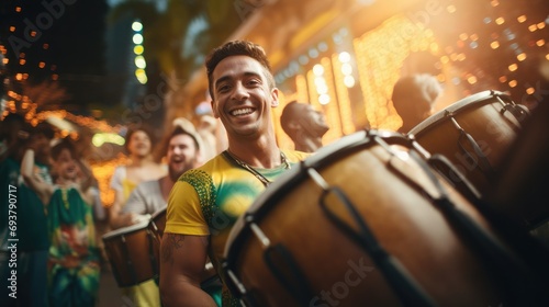 Four members Brazilian samba band professional color grading  soft shadows  no contrast  clean sharp focus  film photography  intricate  masterpiece  high detailed  high resolution  