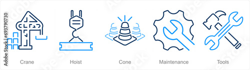 A set of 5 Build icons as crane, hoist, cone
