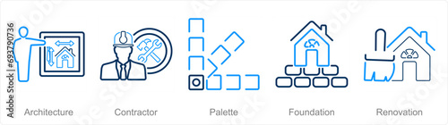 A set of 5 Build icons as architecture, contractor, palette