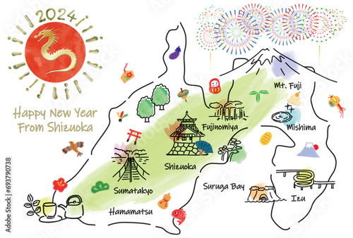 静岡県の観光地のイラストマップ年賀状2024年