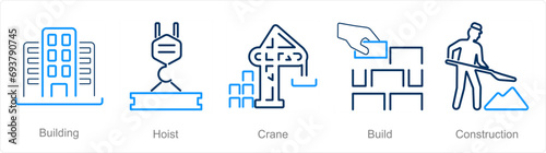 A set of 5 Build icons as building, hoist, crane
