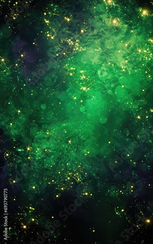 Green glowing emerald background for a poster, vibrant purple, vibrant gold, sparkles, garden at the borders © Dara