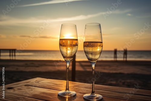 2 glasses of champagne on a wooden table on the beach with the sea in the background on a beautiful sunset