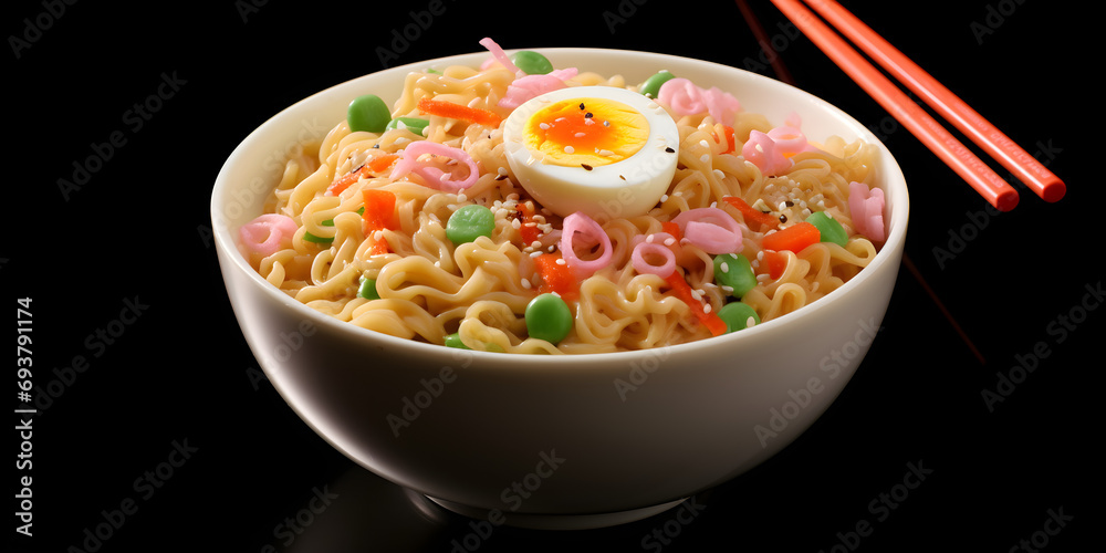 Bowl of ramen on a dark background. Tasty ramen with marinated egg and vegetables,,
Tasty Japanese Ramen Dish Served with Chopsticks