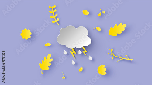Illustration of Autumn with leaves and blank space on rain clouds. Rainy and Autumn. paper cut and craft style. vector, illustration.