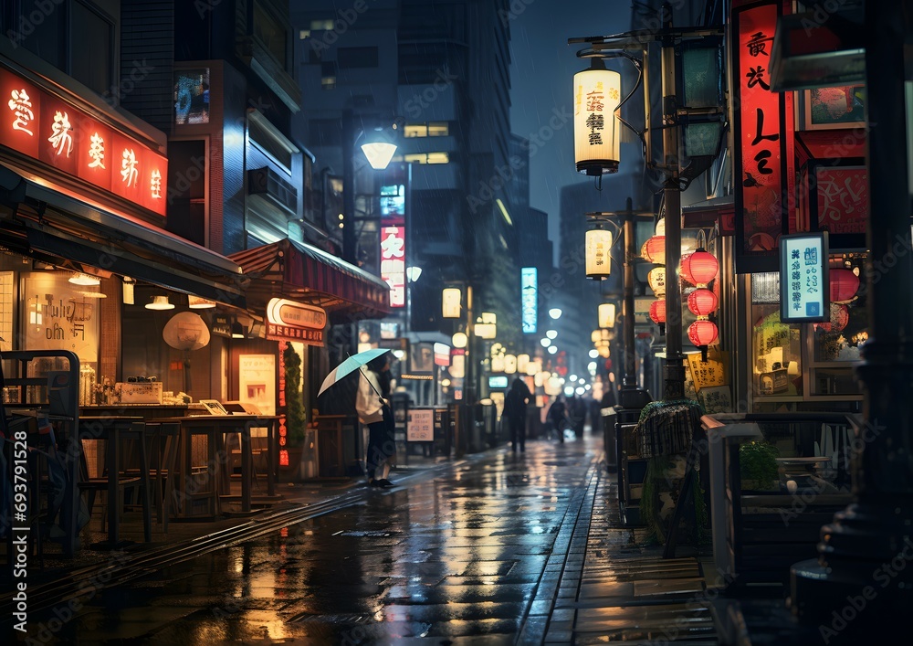 rainy night street street scene in tokyo, japan
