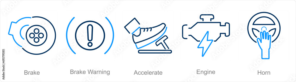 A set of 5 Car icons as brake, brake warning, accelerate A set of 5 Car icons as brake, brake warning, accelerate
