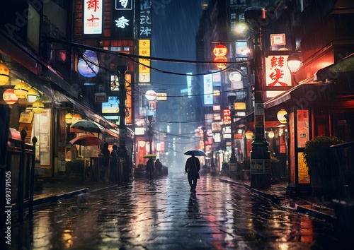 rainy night street street scene in tokyo  japan