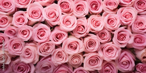 Natural fresh pink roses flowers full background, Top view