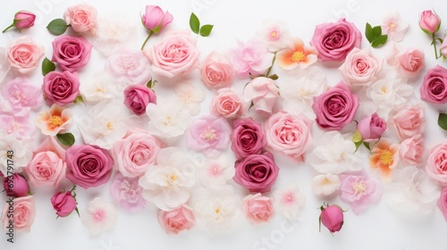 Pink roses in various states of bloom on white background