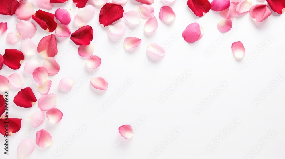 Rose petals scattered on white background