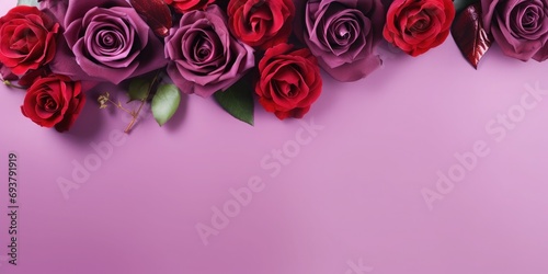 Red roses mock up banner on soft purple desktop background  top view. Layout for Valentines day  dating and love greeting card  anniversary and invitations. Retro styled  Bright color