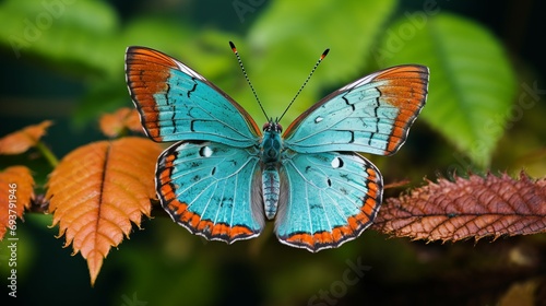colorful ithomiine butterfly (melinaea satevis) resting on vibrant green leaf with turquoise background – mindo, ecuador wildlife