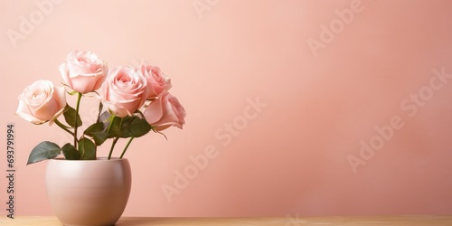 Roses in a clay pot  minimalism  pastel background  reality  stock photography  high quality  professional photography  balanced lighting  copy space