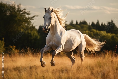 a white horse galloping through a field in sunlight