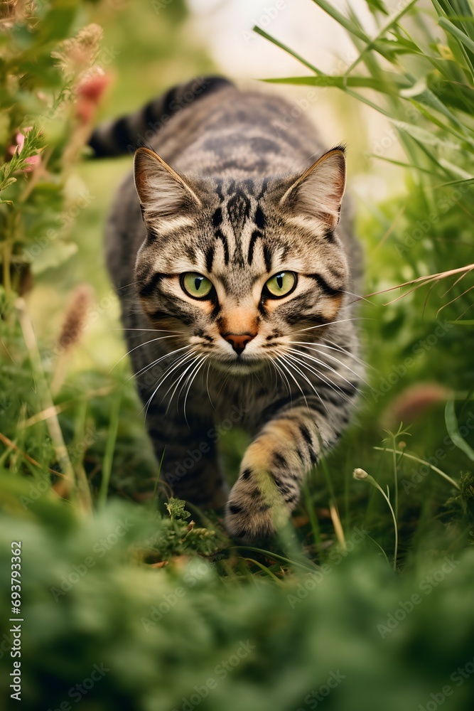 a gray tabby cat walking in a field with green foliage